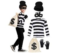 Disfraz de depredador para niños, traje de ladrón de bancos con parte superior a rayas, guantes, antifaz para ojos, bolso de bolsa, disfraz infantil para niñas y niños, perfecto para Halloween