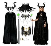 Disfraz de diablo de Halloween para mujer, capa negra para disfraz de | Capa de terciopelo negro, diadema de cuerno, varita mágica, joyería de encaje y cuello de plumas suave para disfraz de diablo