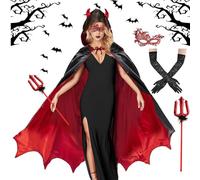 Disfraz de diablo para Halloween, Capa Vampiro para Halloween con Tenedor del Diablo, Parche de Encaje en el Ojo, Guantes de Encaje, Disfraces de Dracula para Fiestas de Halloween y Carnaval Cosplay