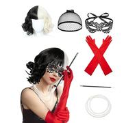 Disfraz de diablo para mujer, accesorios de Dálmata Cruel Lady de los años 20, peluca en blanco y negro, collar, guantes para fiesta de Halloween, graduación, Día Mundial del Libro