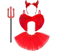 Disfraz de Diablo para Mujer con Accesorios - Alas Rojas de Demonio, Cuernos de Diablo, Tridente de Diablo y Falda Tutú de Mujer - Disfraz de Halloween, Carnaval y Fiestas de Disfraces (Rojo)