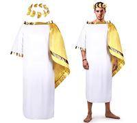 Disfraz de Dios griego blanco romano Toga adulto Toga traje de túnica con corona de hoja, diadema de corona de laurel, accesorios de cosplay de Halloween, 2 piezas de total (mediano)