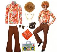 Disfraz de discoteca de los años 70, juego de 8 piezas de disfraz hippie para hombre, disfraz de los años 70 con camisa, pantalones acampanados, peluca, radio inflable y accesorios de discoteca para
