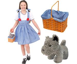 Disfraz de Dorothy para Niñas. El Mago de Oz Disfraz de Dorothy para Día Mundial del Libro/Semana del Libro. Vestido Dorothy + Cintas para el Cabello + Cesta + Toto Perro de Juguete (X-Grande)