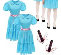 Disfraz de dúo de gemelos embrujados para adultos, vestido azul espeluznante, medias y pintura facial, traje de terror para Halloween, fiestas de disfraces, eventos de casa encantada, pareja