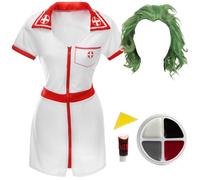Disfraz de enfermera de broma para hombre, talla L, vestido de enfermera blanco y rojo, sombrero de lactancia, peluca verde, pintura facial y sangre falsa, disfraz de despedida de soltero para adultos