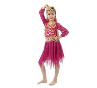 Disfraz de escenario indio para niñas, traje de danza con falda y mangas, juego de rendimiento, Rosa intenso., 5-12 Jahre
