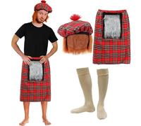 Disfraz de escocés para adultos, sombrero escocés de Tam O' Shanter rojo con pelo naranja, falda escocesa a juego y calcetines crema hasta la rodilla, disfraz de Escocia para hombre