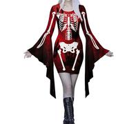 Disfraz de esqueleto de Halloween 2025, con hombros descubiertos, manga larga, cuello impreso, vestido con medias (rojo, S) para mujeres adultas