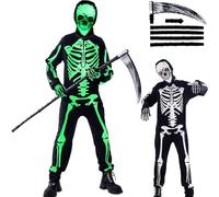 Disfraz de esqueleto de lujo para niños - Disfraz de Halloween para niños Disfraze esqueleto luminoso con guadaña de 138 cm, disfraces Halloween terroríficos esquelete niño y niñas M: 8-10 años