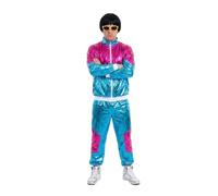 Disfraz de estrella de la música de los años 90 para adultos, talla XXL, chaqueta y pantalones azules y rosas con peluca negra y gafas de nerd amarillas, disfraz retro de despedida de soltero para