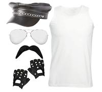 Disfraz de estrella de rock de los años 80 para adultos, camiseta de chaleco blanca + gafas de sol espejadas + guantes negros sin dedos + bigote negro - Disfraz de músico del orgullo de los años 80