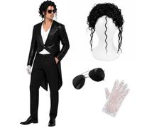 Disfraz de estrella del pop de los años 80 para adultos, juego de 4 piezas con abrigo de lentejuelas negras, guante de lentejuelas, peluca negra rizada y lentes de sol de aviador, disfraz para hombre