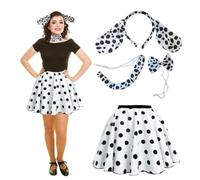 Disfraz de falda dálmata para mujer, falda de lunares blancos y negros, diadema, pajarita y cola, disfraz, disfraz de Halloween, blanco, L/3XL