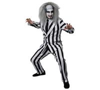 Disfraz de fantasma loco de Halloween para adultos, talla XL, traje de rayas blancas y negras, corbata negra, peluca gris loco, pintura facial, disfraz de Halloween para hombre de los años 80