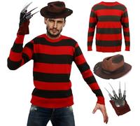 Disfraz de Freddy Krueger para adultos, 3 piezas: suéter, sombrero, guante con garras, conjunto de disfraz de terror para Halloween, con rayas rojas y verdes, para hombres y mujeres