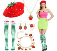 Disfraz de Fresa para Adultos, Accesorios de Disfraz de Fresa Boina Calcetines altos Pendientes Collar Pulsera Anillo Conjunto de joyas Strawberrys para Halloween Carnaval Fiesta Temática Cosplay