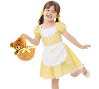 Disfraz de gachas de avena para niñas, oso suave y canasta, pequeño, vestido de cuento de hadas a cuadros amarillos con delantal blanco y accesorio de oso de peluche, disfraz clásico de personaje de