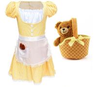 Disfraz de gachas de avena para niñas, oso suave y cesta - Mediano - Vestido de cuento de hadas amarillo a cuadros con delantal blanco y accesorio de oso de peluche - Disfraz clásico de personaje de
