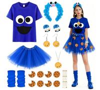 Disfraz de Galletas de Monstruo Para Mujer, Diadema del Monstruo de Las Galletas, Camiseta, Pendiente de Galleta, Collar de Galletas, Jupe en Tulle Bleu, para Carnaval, Halloween, Mascarada