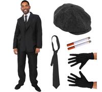 Disfraz de gángster Peaky para adultos, XXL, traje negro, tirantes, corbata, gorra plana negra, guantes, cigarrillos falsos, disfraz de Halloween para hombre, disfraz de truco o trato