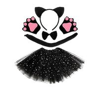 Disfraz de Gatita para Niña,Kit Completo de 5 Piezas con Orejas de Gato, Cola de Gato, Guantes de Garra de Felpa, Pajarita y Falda Tul, Accesorios de Cat Niñas Para Cosplay , Carnaval y Fiestas