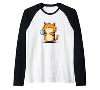 Disfraz de gato matutino con taza de aspecto divertido para niños y niñas Camiseta Manga Raglan