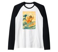 Disfraz de Gato Pirata Lindo Vintage Montando tiburón Divertido Halloween Camiseta Manga Raglan
