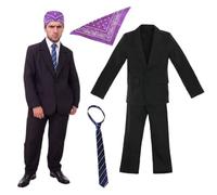 Disfraz de gerente de oficina de prisión para adultos, pequeño, chaqueta y pantalones negros con bandana de cachemira morada y corbata a rayas azules, disfraz de personaje de programa de televisión