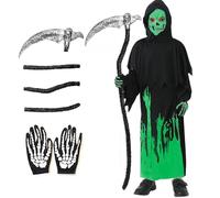Disfraz de Grim Reaper para niños, disfraz de Halloween que brilla en la oscuridad, esqueleto, fantasma de la muerte, guadaña, bata aterradora de Grim Reaper, guantes fantasma, capa de disfraz (M)