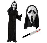 Disfraz de gritador para niños, grande, bata negra de la parca, máscara de gritador con capucha y accesorio de cuchillo de plástico, perfecto para Halloween, cine y otros disfraces
