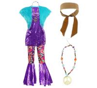 Disfraz de Groovy para mujer, talla S, parte superior morada, chaqueta azul peluda, llamaradas estampadas, diadema marrón, collar de paz, disfraz de película de televisión de los años 60 y 70