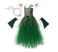 Disfraz de ha-das elfo de Halloween, falda de ha-das verde de tema del bosque para niñas, elfo de malla de malla con orejas y corona de flores, vestido de cosplay para Halloween Masquerade Carnival