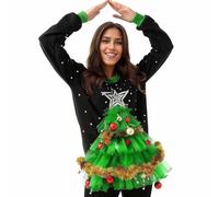Disfraz de hada de Navidad para adultos, cuello redondo, manga larga, sudadera con capucha, disfraz de cosplay con estampado de árbol de Navidad, traje elegante para mujer