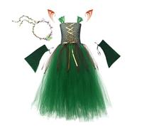 Disfraz De Hadas Elfas De Halloween, Conjunto De Vestido De Tul De Malla Verde De Halloween Con Orejas Y Mangas De Duende, Disfraces De Cosplay Únicos Con Temática De Bosque De Halloween Para Niñas