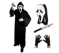 Disfraz de Halloween de asesino fantasma para adultos, bata negra con capucha, máscara gritando, guantes y accesorio de cuchillo sangriento de 12 pulgadas, disfraz de película de televisión de miedo