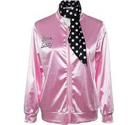 Disfraz de Halloween de los años 50 para mujer, chaqueta de satén rosa con pañuelo para el cuello, estilo Sandy y Danny Zucko, de los T Bird. S.