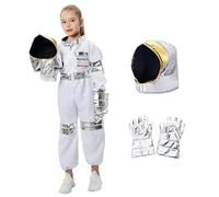 Disfraz de Halloween Disfraz de espacio de poliéster blanco con guantes y mono de espacio de casco con bandas elásticas y 6 banderas Sticker de Halloween para niños, chicas para niños Vestido