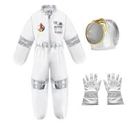 Disfraz de Halloween Disfraz de espacio de poliéster blanco con guantes y mono de espacio de casco con bandas elásticas y 6 banderas Dispersión de Halloween para niños, chicas para niños vestidos, S