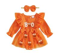 Disfraz de Halloween para bebé y niña, vestido de mameluco de Halloween + diadema, Naranja Calabaza Boo, 3-6 Meses