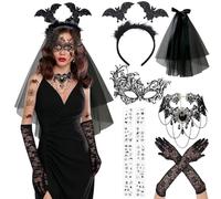 Disfraz de Halloween para Mujer - 6 Piezas de Accesorios, Máscara Veneciana, Joyería y Atuendo de Murciélago