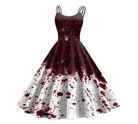 Disfraz de Halloween para mujer, espeluznante, sangriento, zombi, novia, terror, elegante, vestido de novia, sin mangas, estampado de espagueti, vestido de tirantes con estampado sangriento, vestido