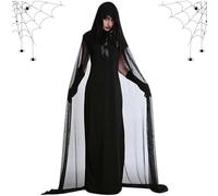 Disfraz de Halloween para mujer, fantasma, disfraz de reina de novias, capa con capucha, capa de Halloween, capa para adultos, terror, vestido largo de vampiro, brujas, túnica negra para carnaval
