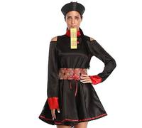 Disfraz de Halloween para mujeres disfraz de zombie chino bordado vintage estampado clásico vestido zombie de la dinastía roja y negra con sombrero y cinturón para la fiesta de cosplay de Halloween