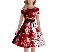 Disfraz de Halloween para niña, vestido medieval con estampado manchado de sangre, línea A, sin tirantes, disfraz de fiesta para niños, elegante, gótico, vestido de noche, adolescente, niña, Blanco