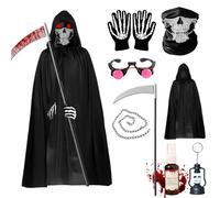 Disfraz de Halloween para Niños Adultos,Disfraz de Segador de Almas con Ojos Brillantes,Guadaña,Guantes,Sangre Artificial,Sombrero,Truco o Trato en Halloween,Fantasma Cosplay,Carnival (Adultos: 150)
