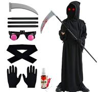 Disfraz de Halloween para Niños,Disfraz de Segador de Almas con Ojos Brillantes,Guadaña,Guantes,Sangre Artificial,Sombrero,Truco o Trato en Halloween,Fantasma Cosplay,Carnival,8-10 Años (M: 8-10 años)