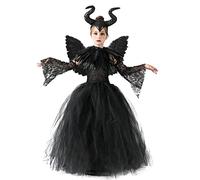 Disfraz de Halloween para niños y niñas, maléfica, disfraz de bruja, princesa, de punto, de tul, de fiesta, con alas de ángel, cuernos de diablo para carnaval, fiesta, cosplay, 3#negro, 8 - 10 años