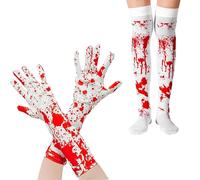Disfraz de Halloween sangriento 1 par guantes ensangrentados realistas y 1 par de calcetines Guantes de sangre manchados Halloween Mujeres sobre calcetines de rodilla para decoración de cosplay asesi