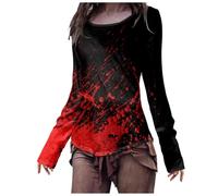 Disfraz de Halloween Slim Fit Top para mujer, camiseta de manga larga con estampado de sangre de Halloween, Vino, 4XL